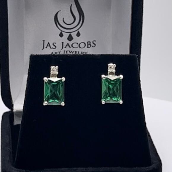 Beautiful 3ctw Emerald & White Sapphire Earrings Emerald Cut Emerald Earrings - Picture 2 of 6